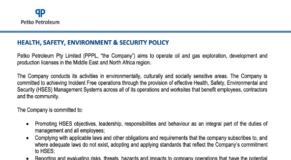 Petko Resources Health, Safety & Security Policy